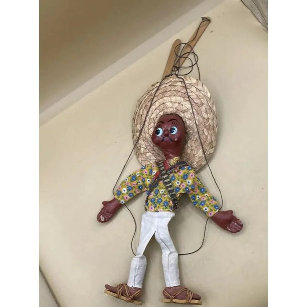 Mexican Marionette String Puppet Sombrero Ammo Belt 2 Handle Toy Doll Figure